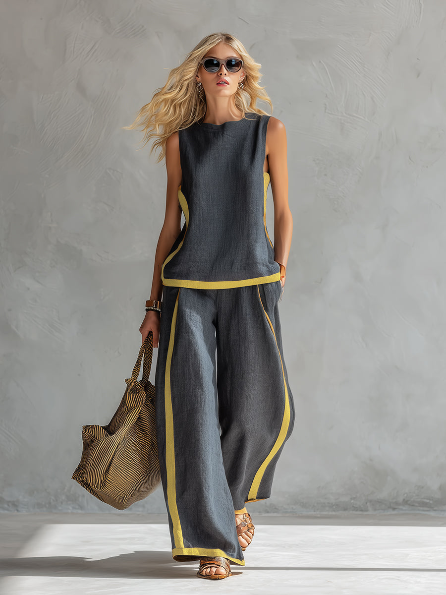 Lieke - Stijlvolle Linnen Set Dames met Mouwloos Top en Wijde Broek met Contrastbies
