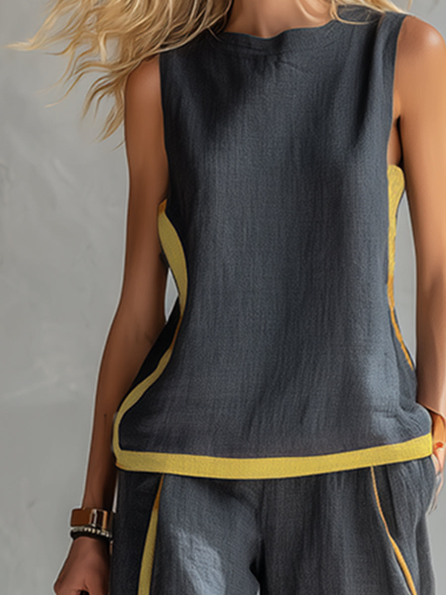 Lieke - Stijlvolle Linnen Set Dames met Mouwloos Top en Wijde Broek met Contrastbies