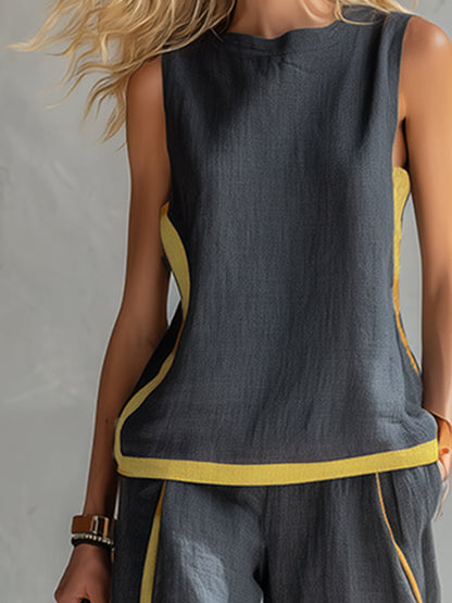 Lieke - Stijlvolle Linnen Set Dames met Mouwloos Top en Wijde Broek met Contrastbies