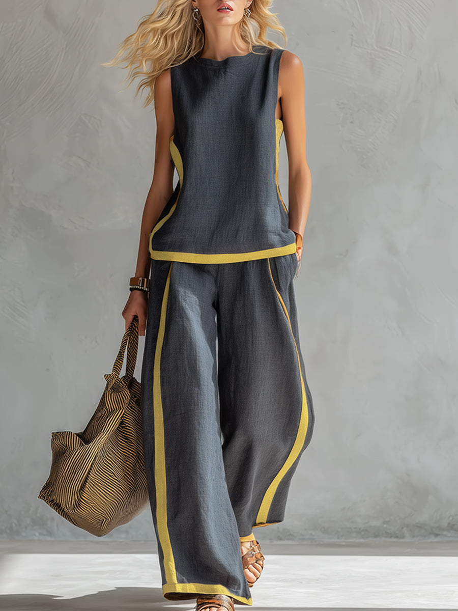Lieke - Stijlvolle Linnen Set Dames met Mouwloos Top en Wijde Broek met Contrastbies