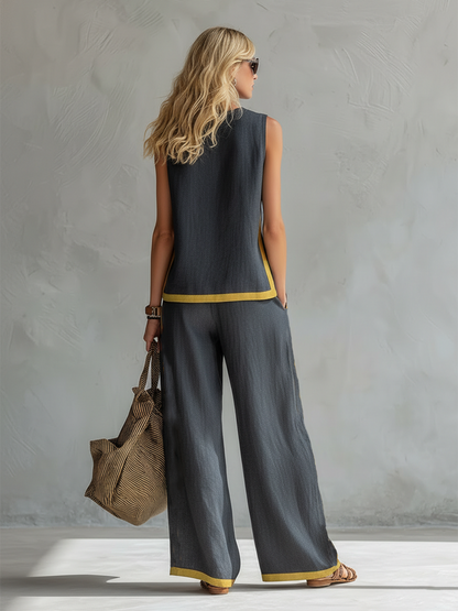 Lieke - Stijlvolle Linnen Set Dames met Mouwloos Top en Wijde Broek met Contrastbies