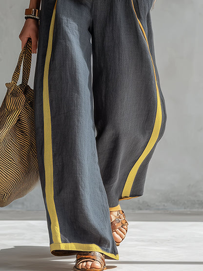 Lieke - Stijlvolle Linnen Set Dames met Mouwloos Top en Wijde Broek met Contrastbies