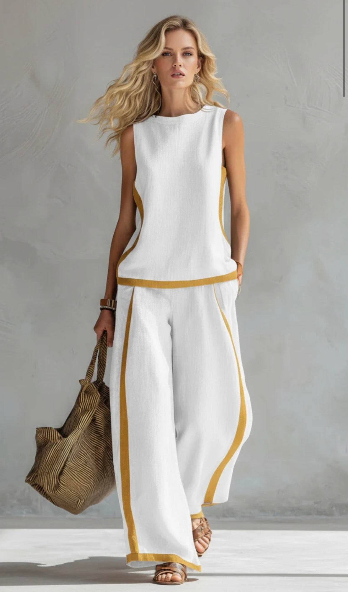 Lieke - Stijlvolle Linnen Set Dames met Mouwloos Top en Wijde Broek met Contrastbies