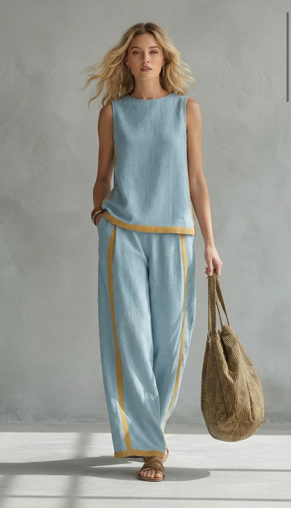 Lieke - Stijlvolle Linnen Set Dames met Mouwloos Top en Wijde Broek met Contrastbies