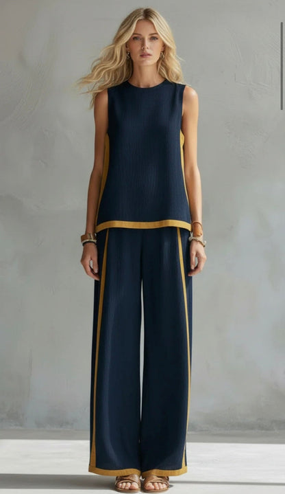 Lieke - Stijlvolle Linnen Set Dames met Mouwloos Top en Wijde Broek met Contrastbies