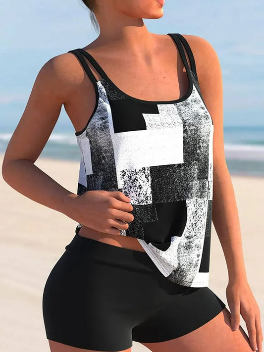 Lieke - Stoere Tankini Set Dames met Grafische Print en Dubbele Bandjes