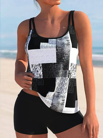 Lieke - Stoere Tankini Set Dames met Grafische Print en Dubbele Bandjes
