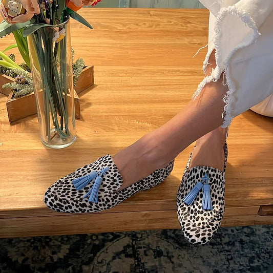 Lieke - Trendy Comfort Loafers Dames met Luipaardprint en Blauwe Kwastjes
