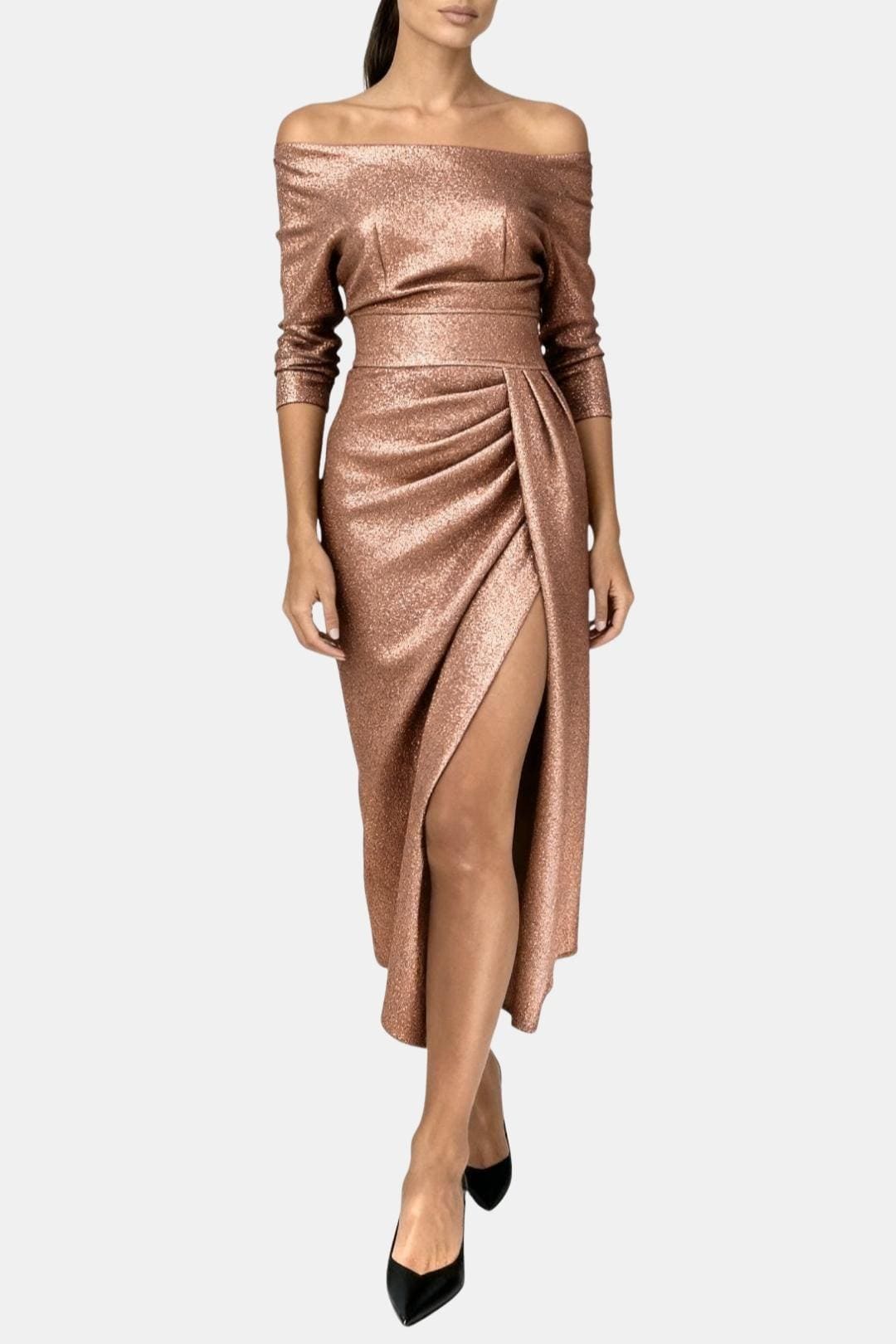 Liv - Feestjurk dames midi met glitter en off shoulder hals en hoge split