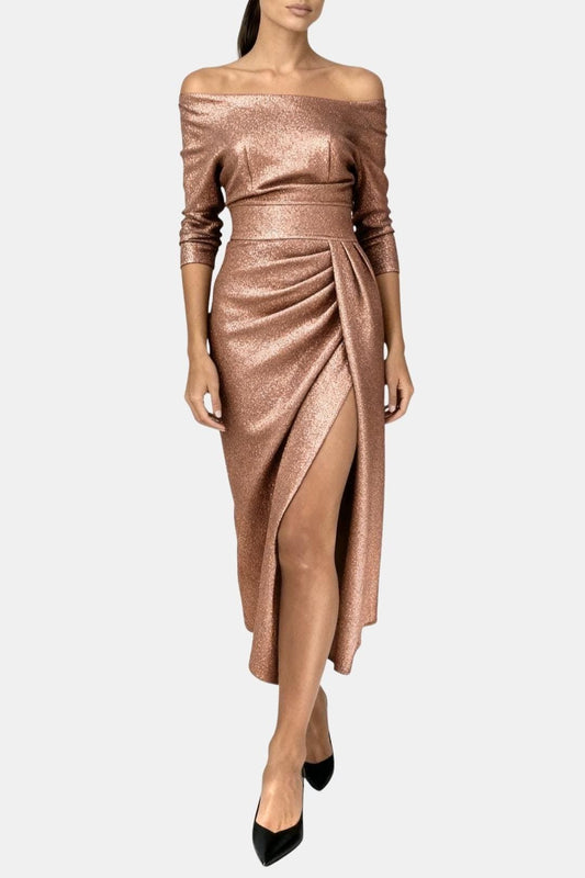 Liv - Feestjurk dames midi met glitter en off shoulder hals en hoge split