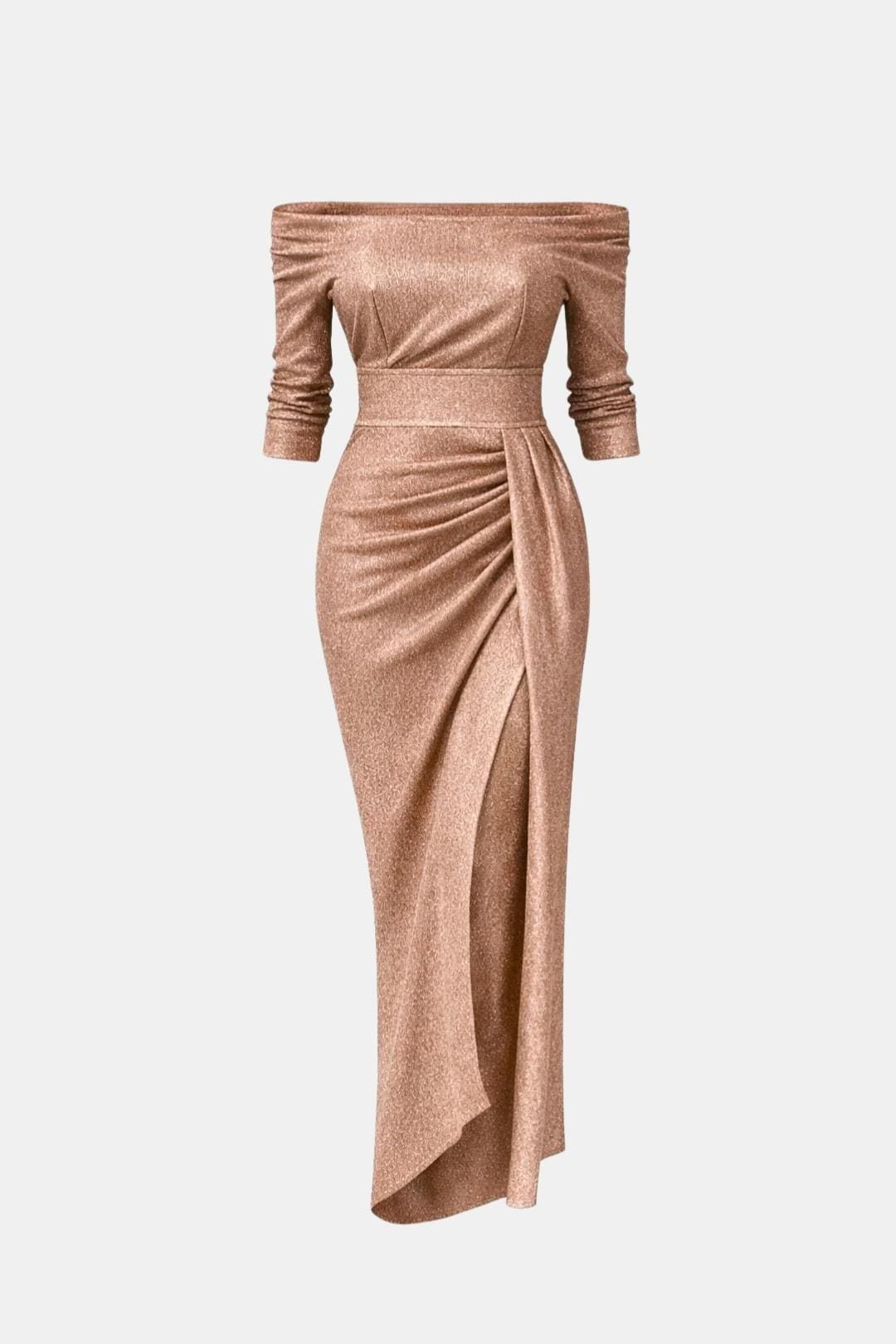 Liv - Feestjurk dames midi met glitter en off shoulder hals en hoge split