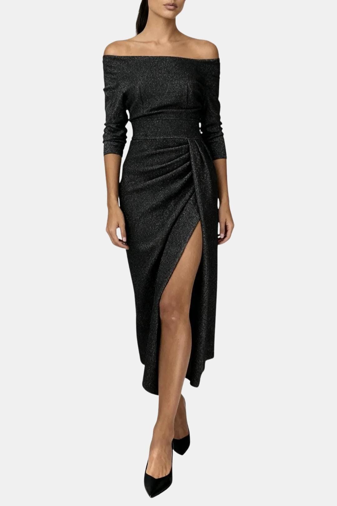 Liv - Feestjurk dames midi met glitter en off shoulder hals en hoge split