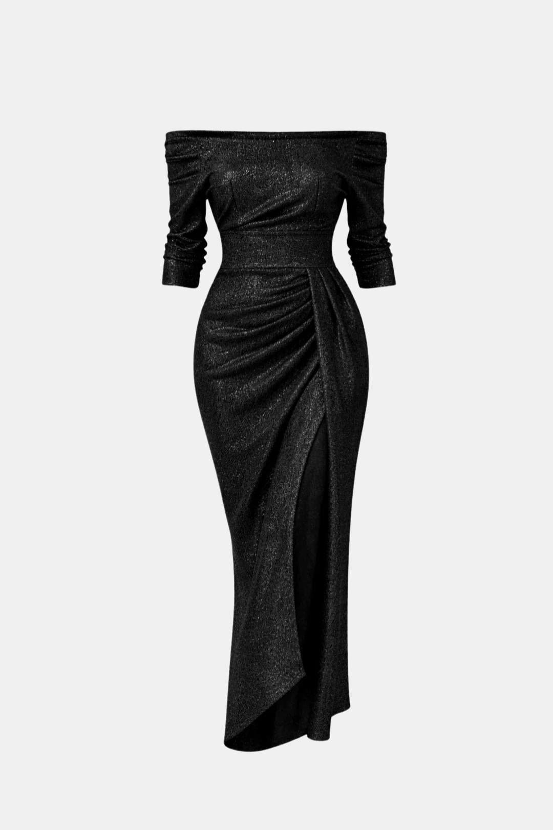 Liv - Feestjurk dames midi met glitter en off shoulder hals en hoge split