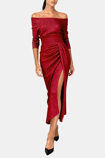 Liv - Feestjurk dames midi met glitter en off shoulder hals en hoge split