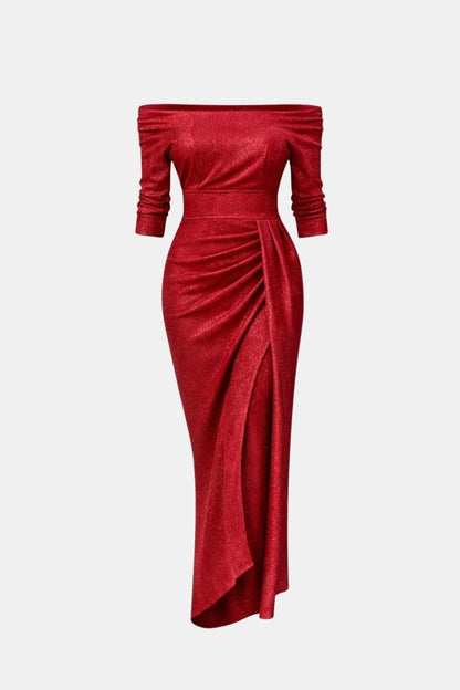 Liv - Feestjurk dames midi met glitter en off shoulder hals en hoge split