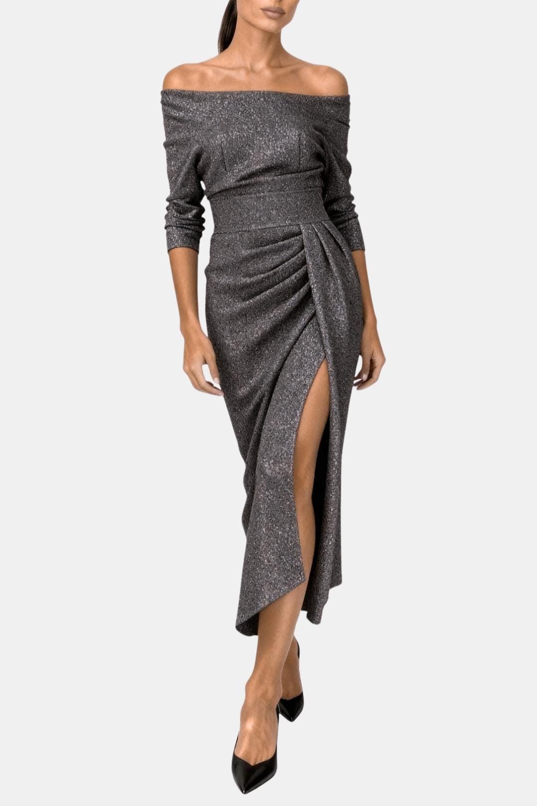 Liv - Feestjurk dames midi met glitter en off shoulder hals en hoge split