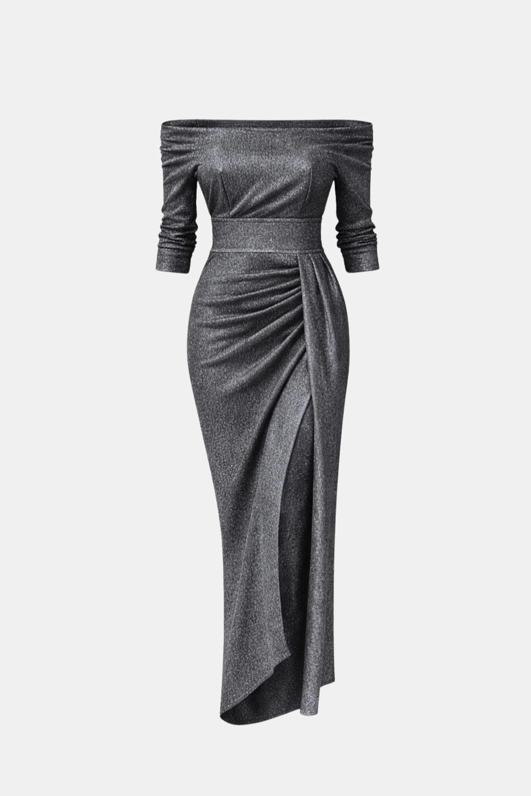 Liv - Feestjurk dames midi met glitter en off shoulder hals en hoge split