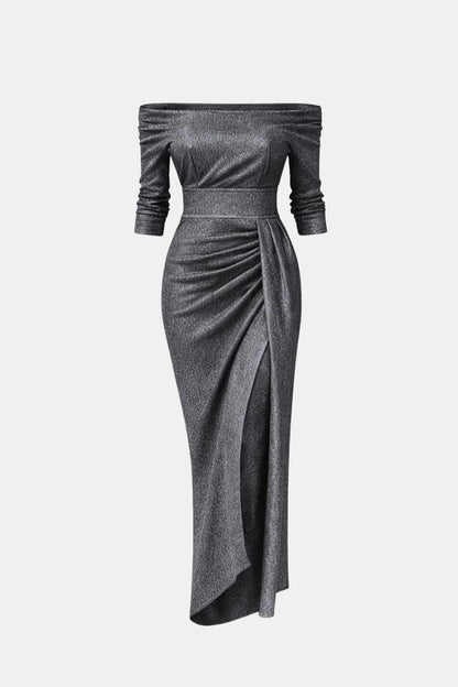 Liv - Feestjurk dames midi met glitter en off shoulder hals en hoge split