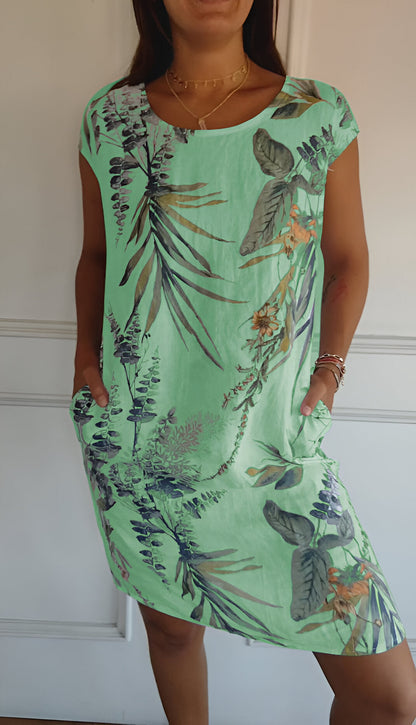 Loes - Casual Zomerjurk Dames Midi met Ronde Hals en Tropische Print