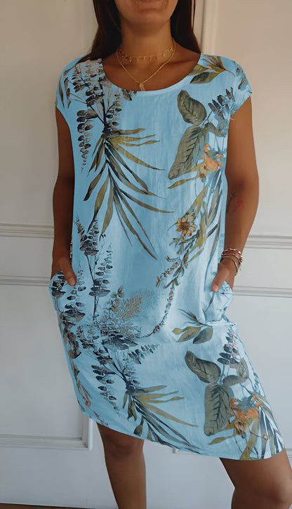 Loes - Casual Zomerjurk Dames Midi met Ronde Hals en Tropische Print