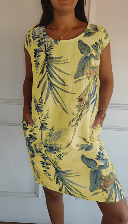 Loes - Casual Zomerjurk Dames Midi met Ronde Hals en Tropische Print