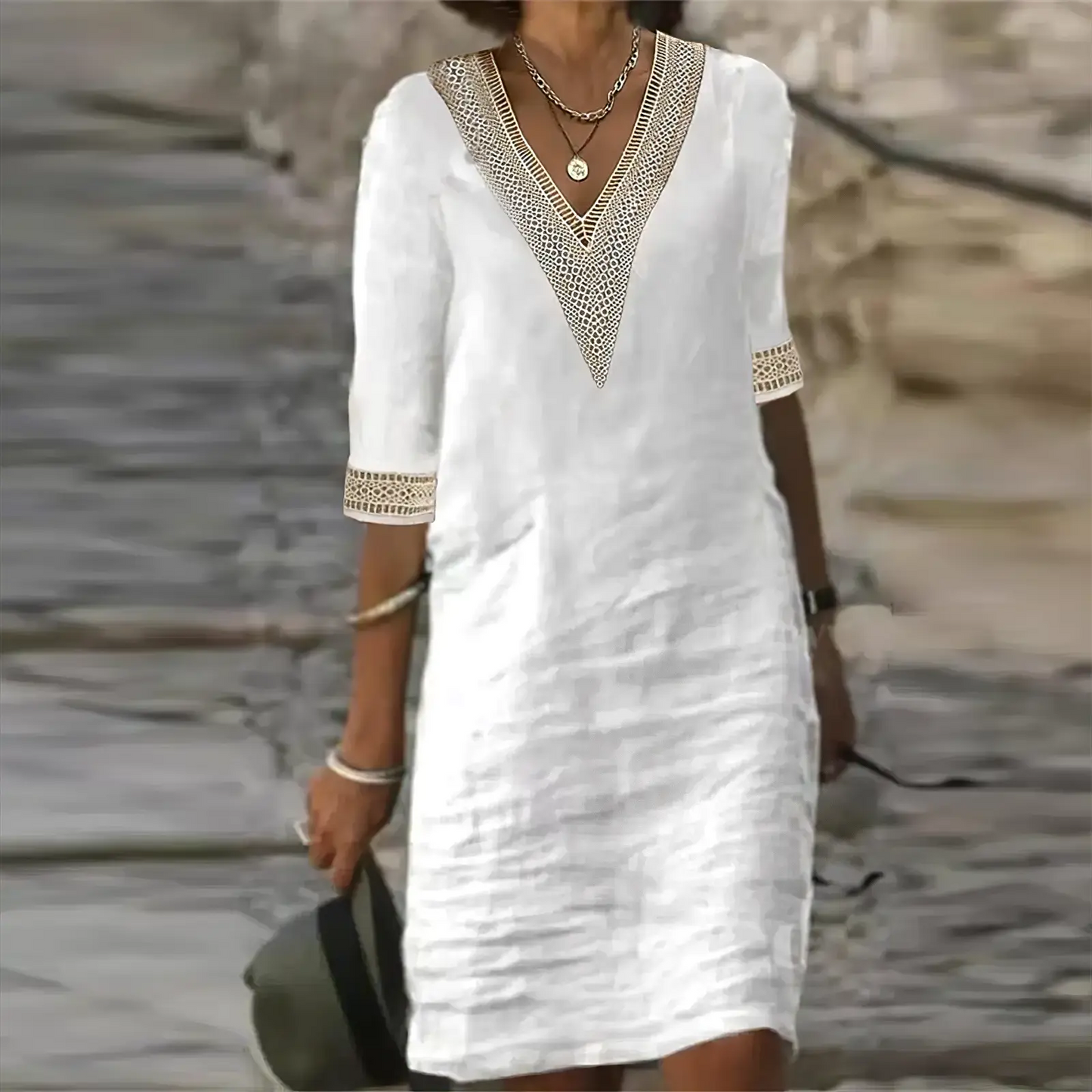 Loes - Casual Zomerjurk Dames Midi met V-hals en Kant Detail