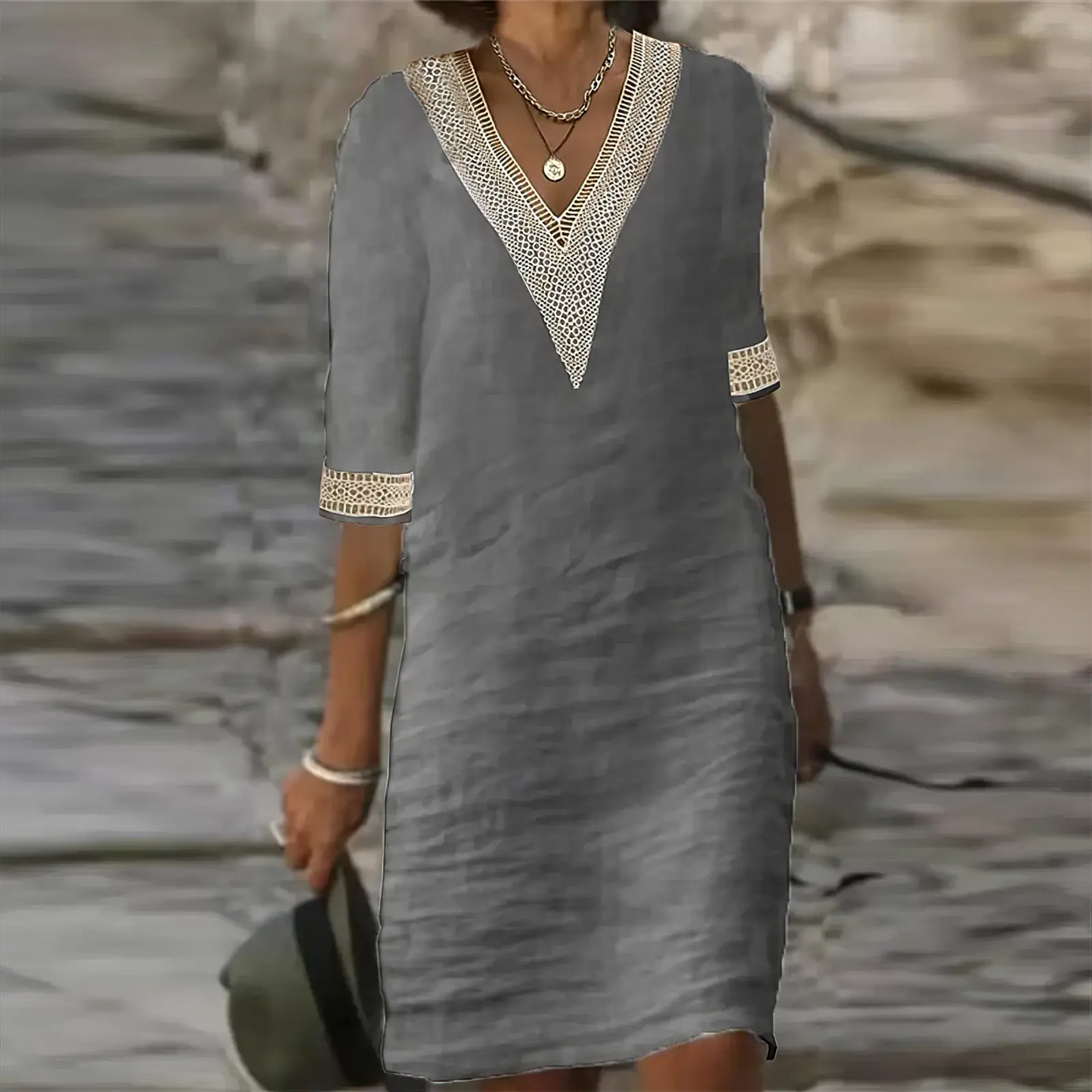 Loes - Casual Zomerjurk Dames Midi met V-hals en Kant Detail