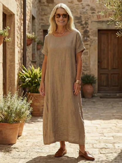 Lotte - Casual Maxi Linnen Jurk Dames met Ronde Hals en Korte Mouwen