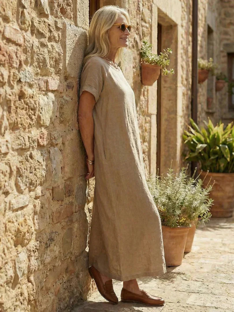 Lotte - Casual Maxi Linnen Jurk Dames met Ronde Hals en Korte Mouwen