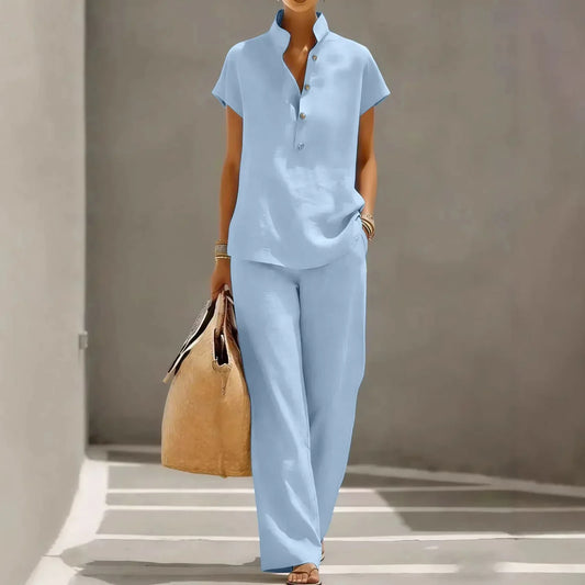 Lotte - Elegante Linnen Set Dames met Korte Mouw Top en Wijde Broek