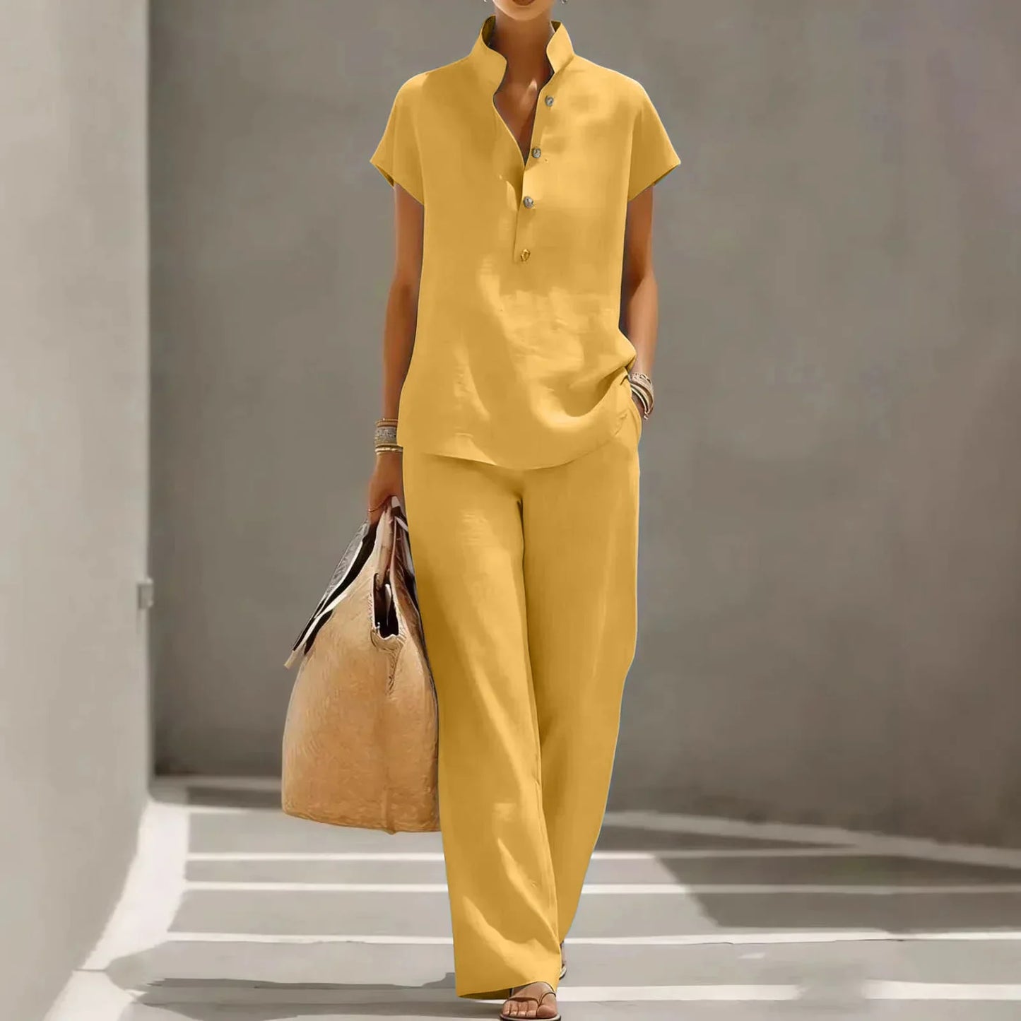 Lotte - Elegante Linnen Set Dames met Korte Mouw Top en Wijde Broek