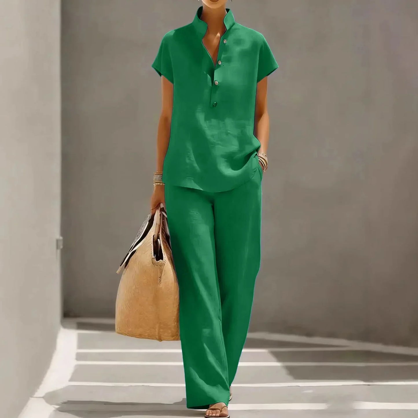 Lotte - Elegante Linnen Set Dames met Korte Mouw Top en Wijde Broek