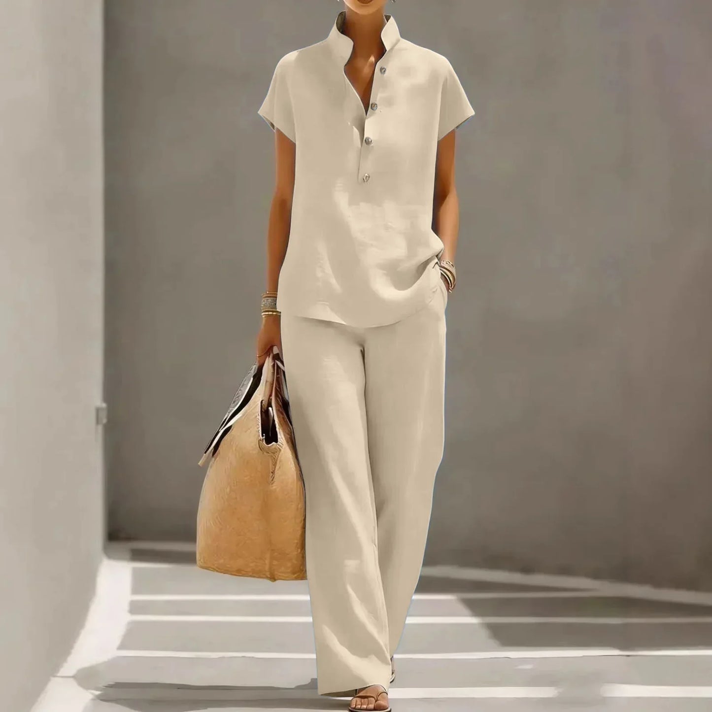 Lotte - Elegante Linnen Set Dames met Korte Mouw Top en Wijde Broek