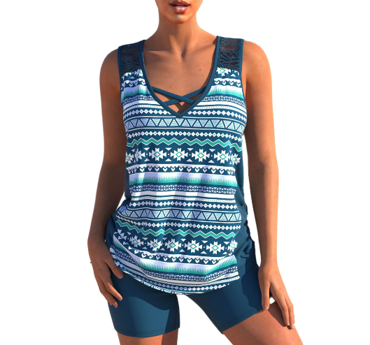 Lotte - Feestelijke Tankini Set Dames met Gekruiste Hals en Printopdruk