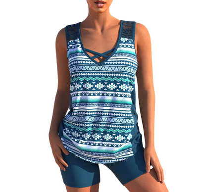 Lotte - Feestelijke Tankini Set Dames met Gekruiste Hals en Printopdruk