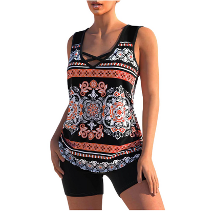 Lotte - Feestelijke Tankini Set Dames met Gekruiste Hals en Printopdruk