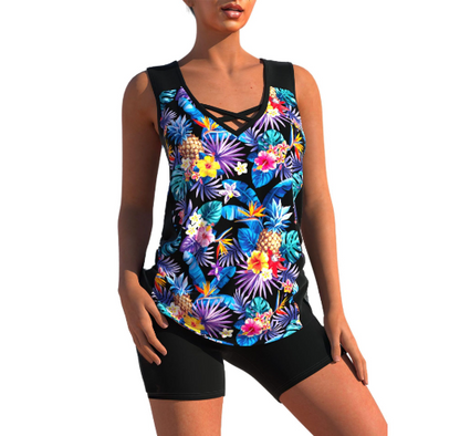Lotte - Feestelijke Tankini Set Dames met Gekruiste Hals en Printopdruk