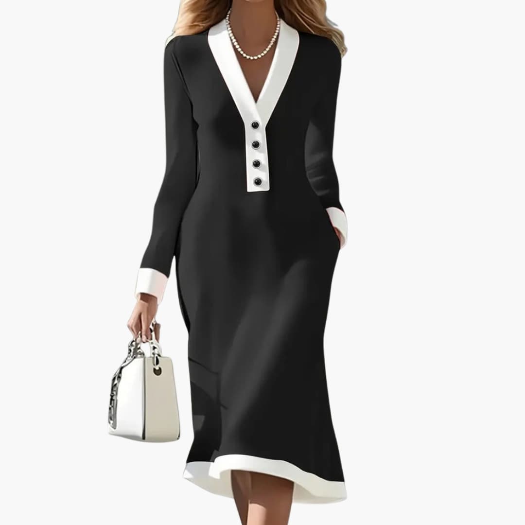 Lotte - Midi jurk dames getailleerd met lange mouw en v hals met knopen