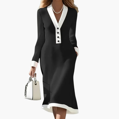 Lotte - Midi jurk dames getailleerd met lange mouw en v hals met knopen