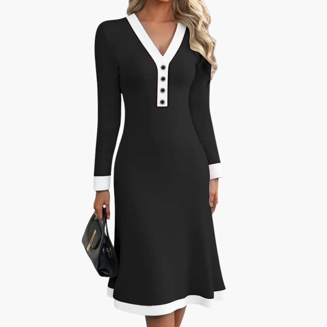 Lotte - Midi jurk dames getailleerd met lange mouw en v hals met knopen