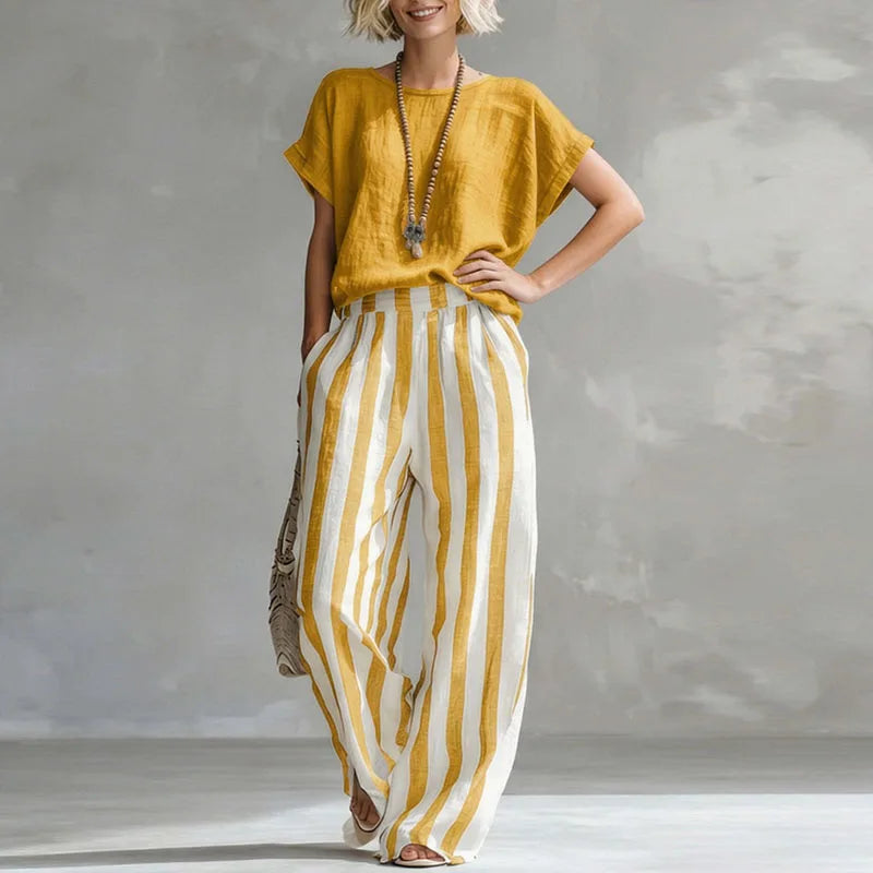 Lotte - Stijlvolle Linnen Dames Set met Gestreepte Wijde Broek en Casual Top