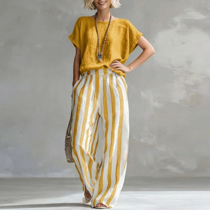 Lotte - Stijlvolle Linnen Dames Set met Gestreepte Wijde Broek en Casual Top