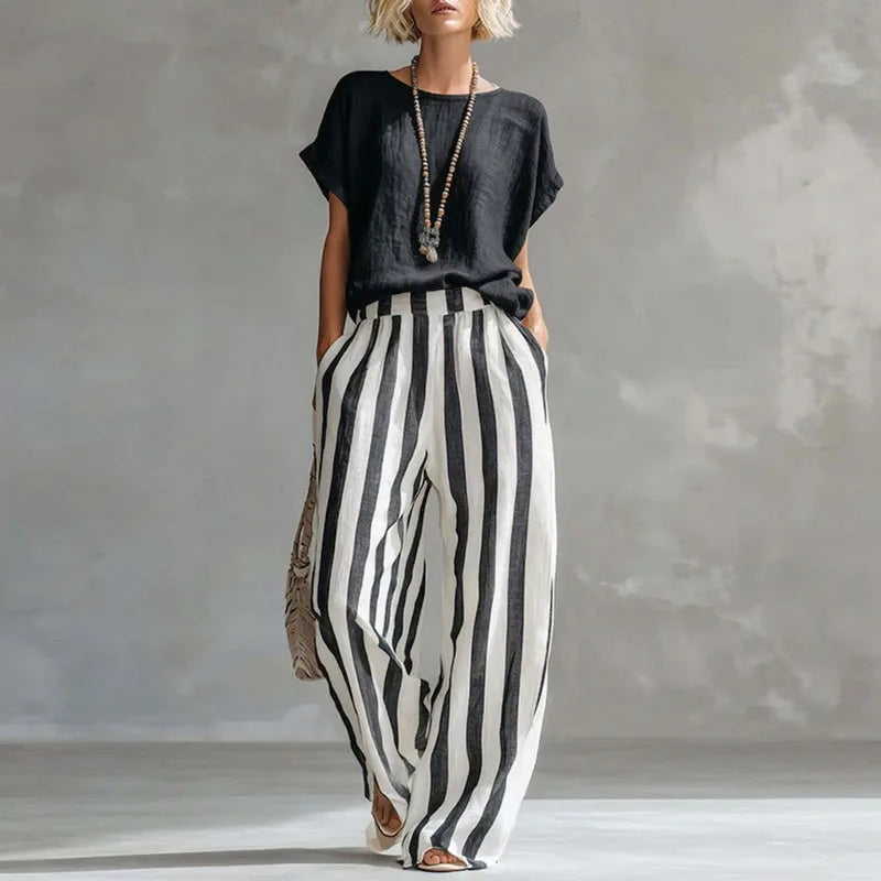 Lotte - Stijlvolle Linnen Dames Set met Gestreepte Wijde Broek en Casual Top
