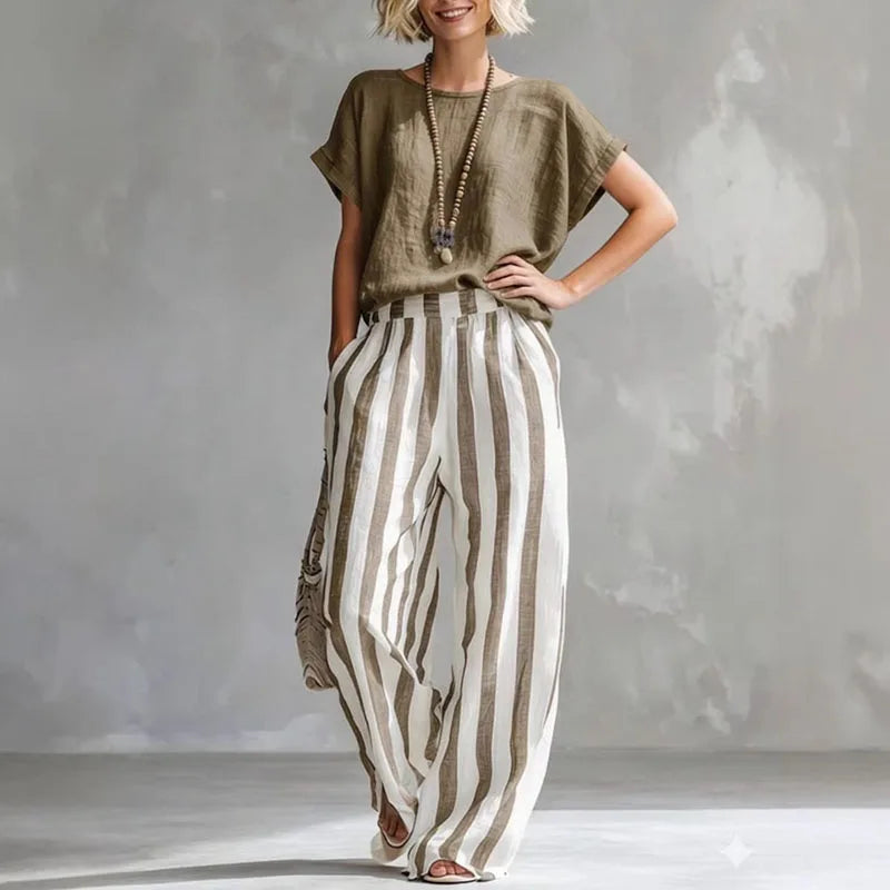 Lotte - Stijlvolle Linnen Dames Set met Gestreepte Wijde Broek en Casual Top