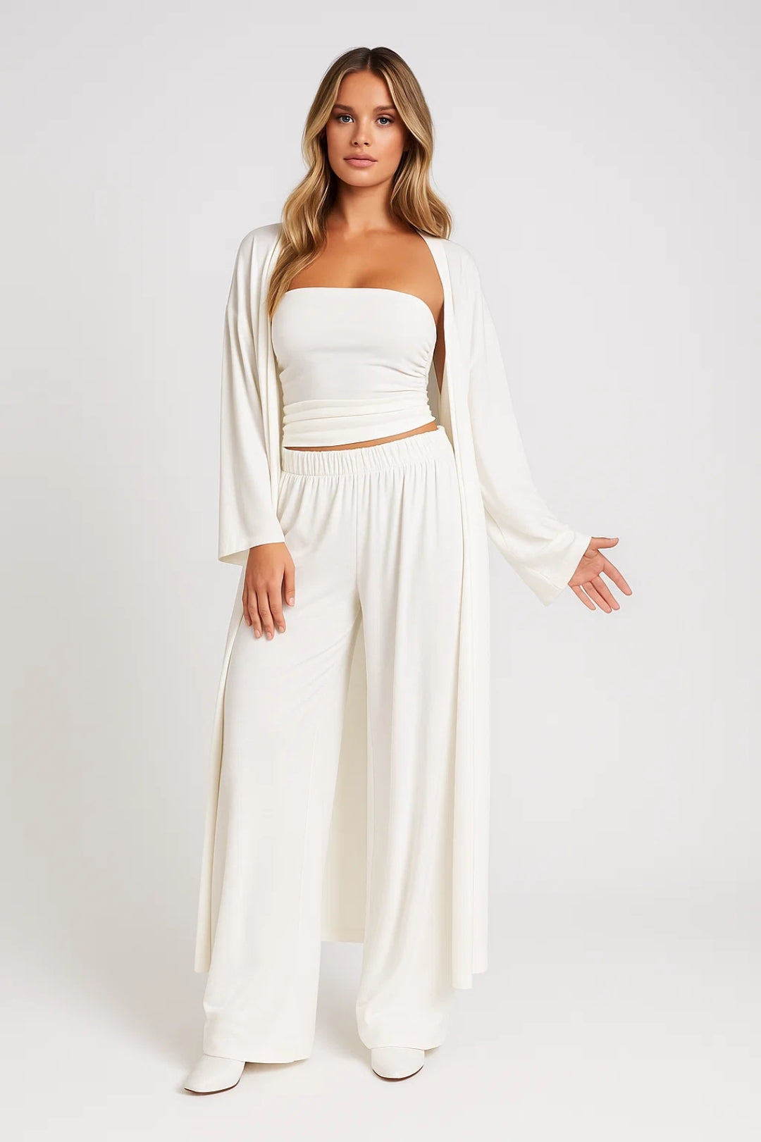 Set Dames - Strapless Top met Wijde Broek en Vest | Elegant