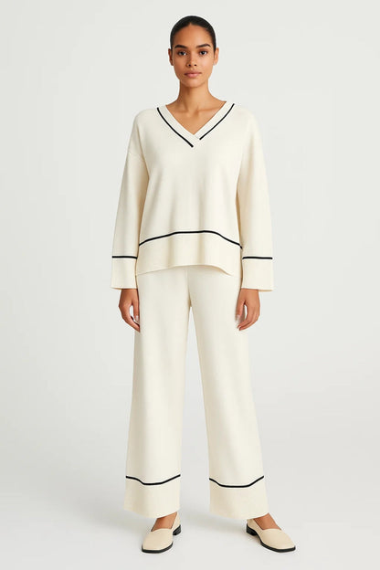 Loungewear Set | Diepe V-hals met Contrastdetails | Ontspannen Pasvorm