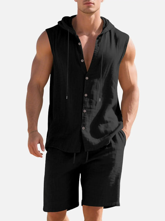 Lucas - Casual Linnen Set Heren met Capuchon en Knoopsluiting