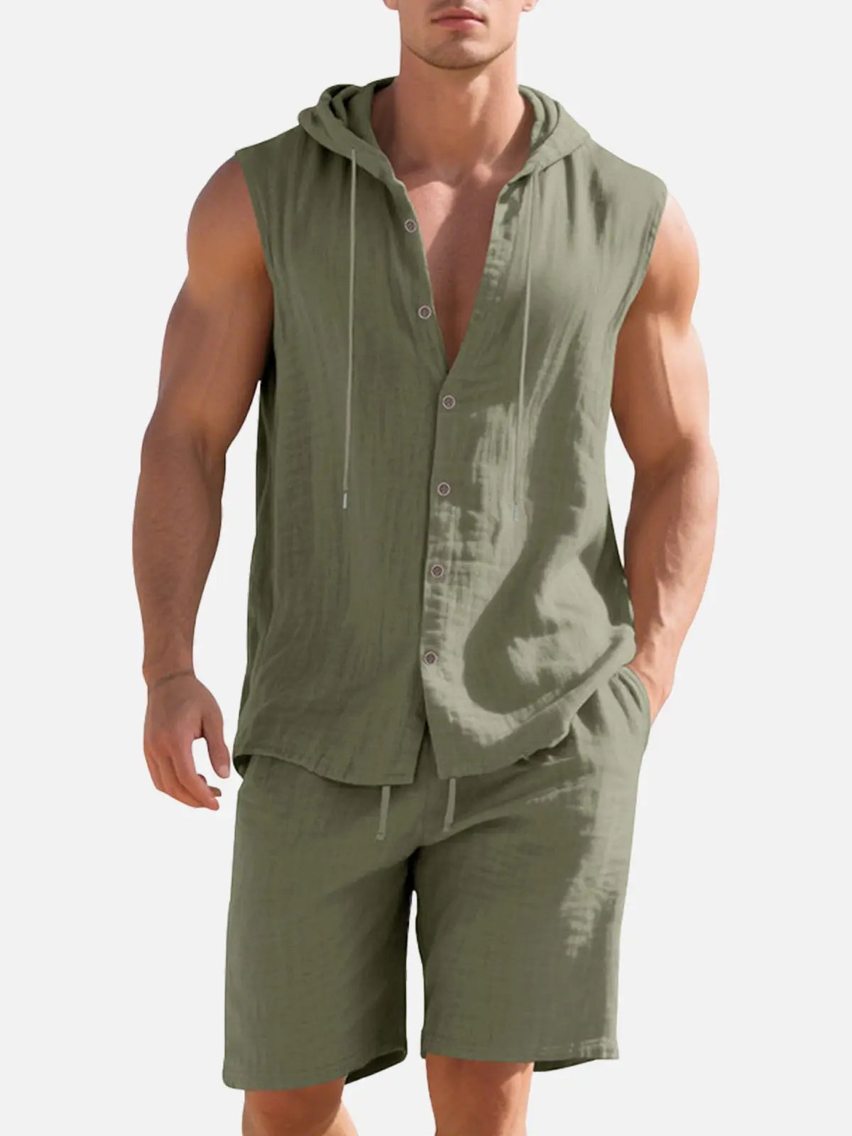 Lucas - Casual Linnen Set Heren met Capuchon en Knoopsluiting