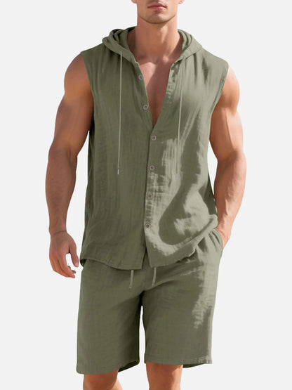 Lucas - Casual Linnen Set Heren met Capuchon en Knoopsluiting