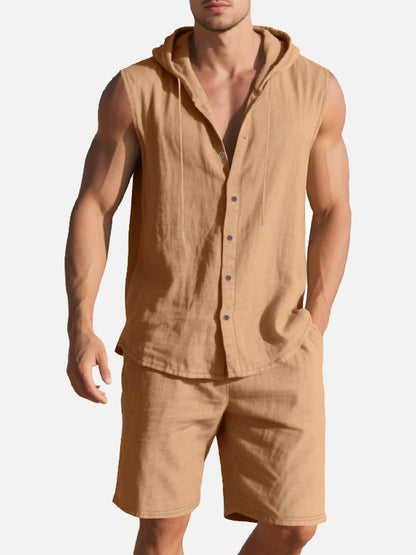 Lucas - Casual Linnen Set Heren met Capuchon en Knoopsluiting